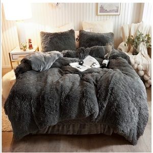 Fluffy Dark Grey Duvet Cover and Two Pillow Shams